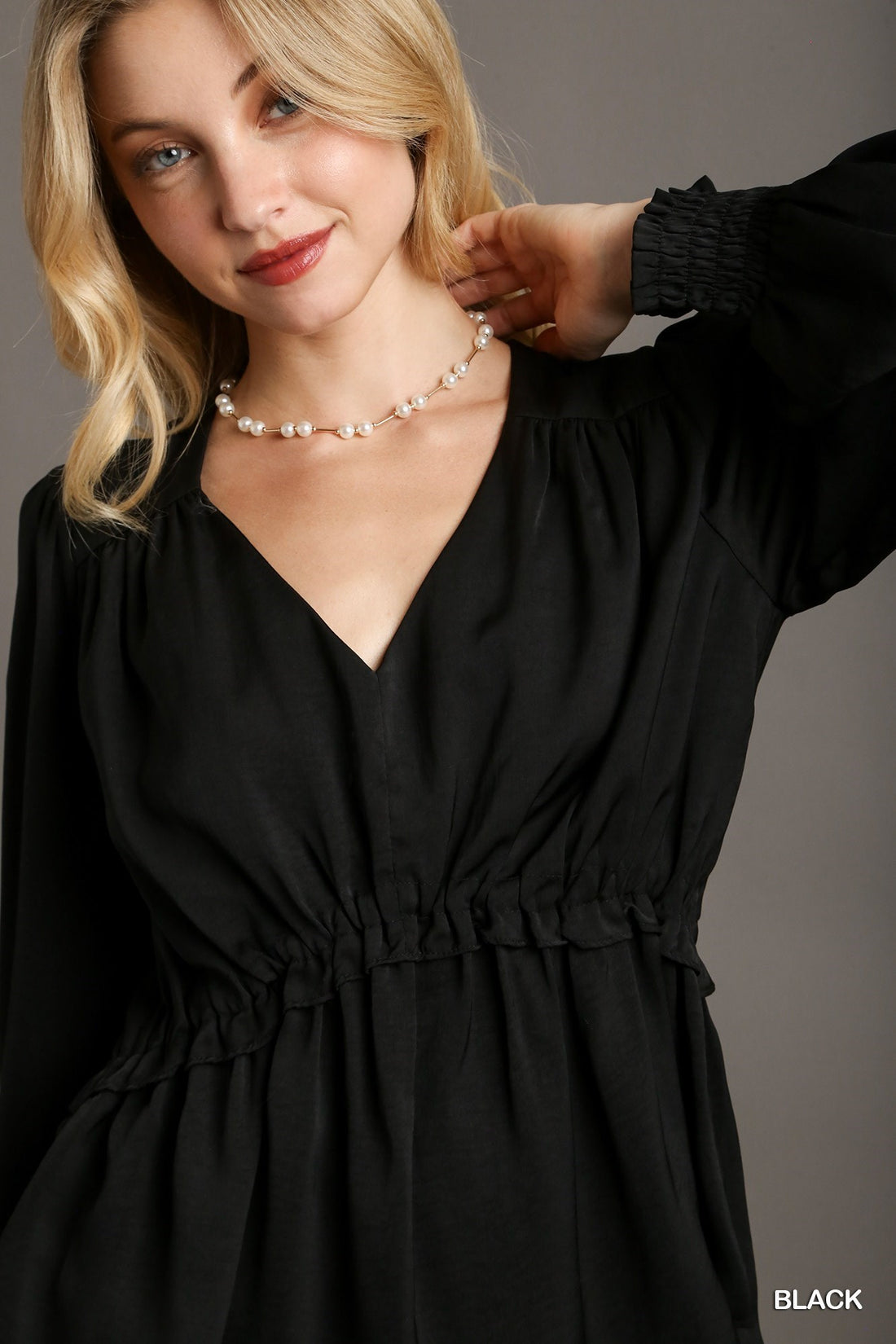 Satin V-neck Ruffle Baby Doll Top With Cuffed Long Sleeve