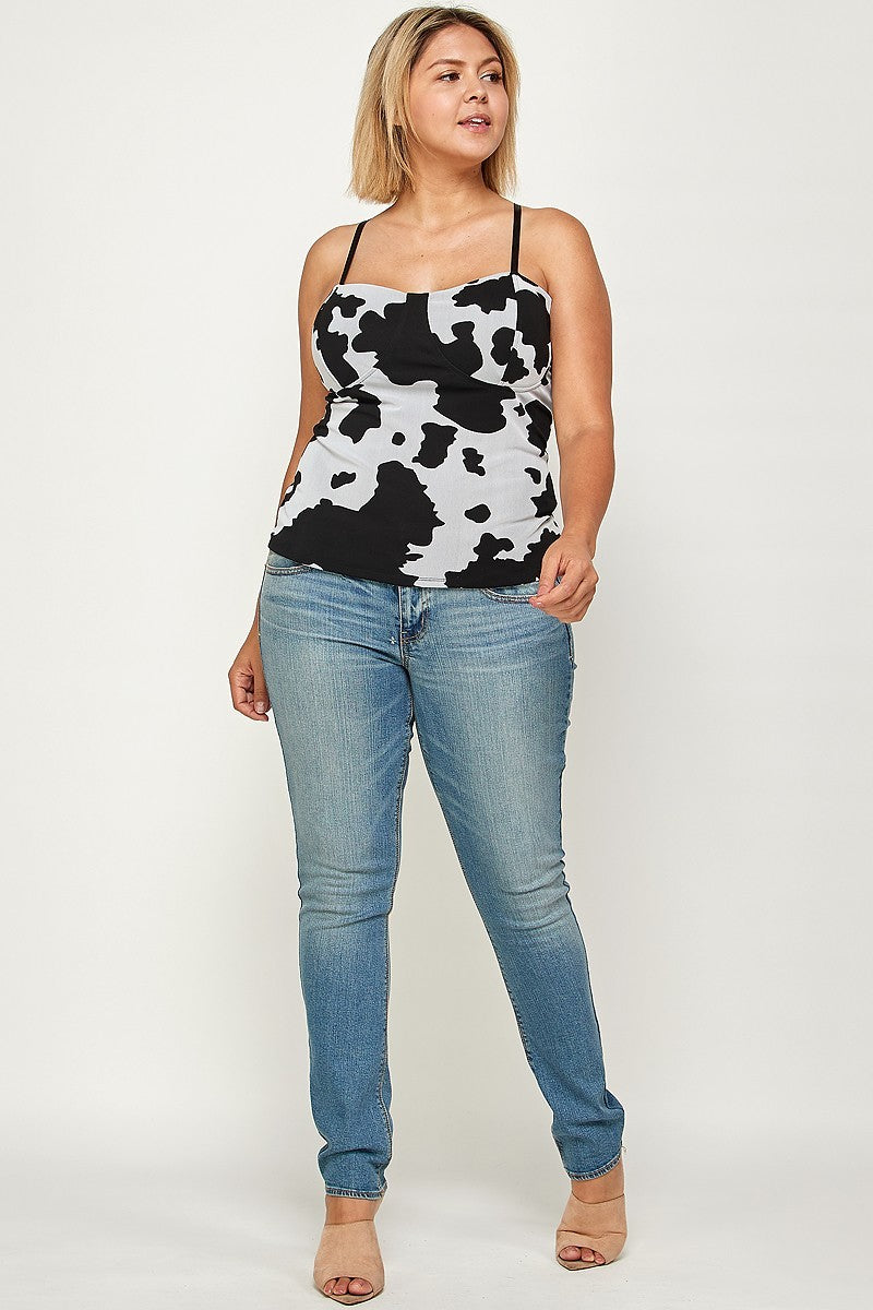 Plus Size Cow Print Mesh, Bustier Top