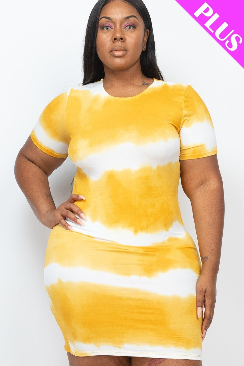 Plus Size Stripe Tie-dye Printed Midi Dress