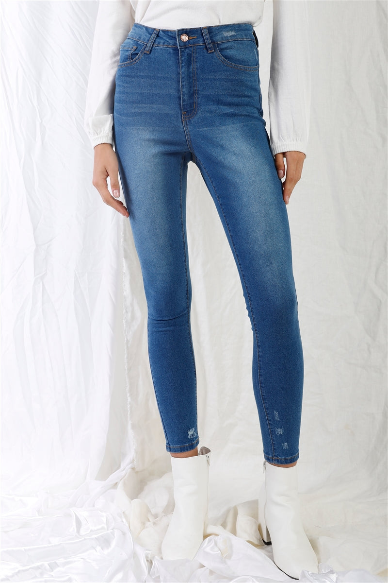 Mid Blue High-waisted With Rips Skinny Denim Jeans