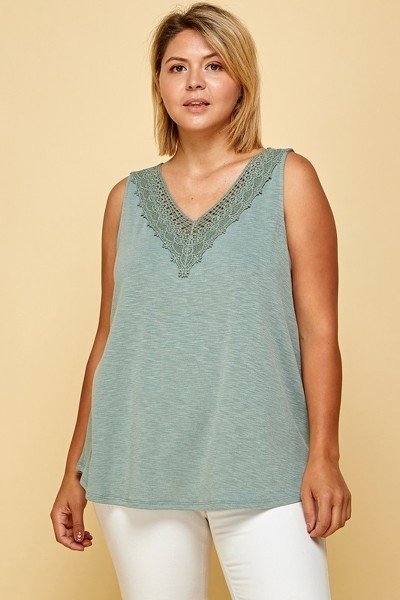 Plus Solid French Terry Slub Sleeveless Tank With Lace Neckline