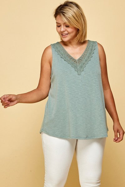 Plus Solid French Terry Slub Sleeveless Tank With Lace Neckline