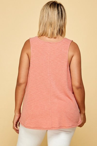 Plus Solid French Terry Slub Sleeveless Tank With Lace Neckline